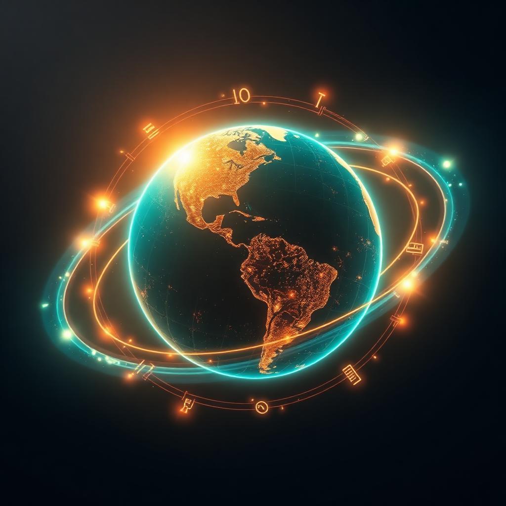A glowing globe orbited by symbols representing web domains