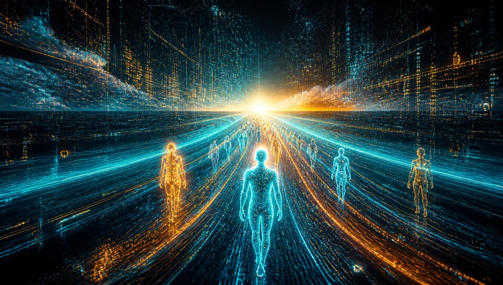 Luminous digital figures walking toward a bright horizon on a data highway